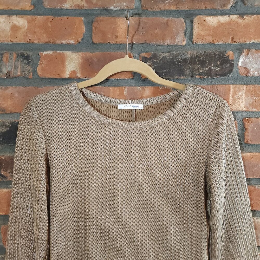 Zara Taupe Open Knit Lightweight Metallic Herringbone Sweater Neutral Women's S - Picture 3 of 7